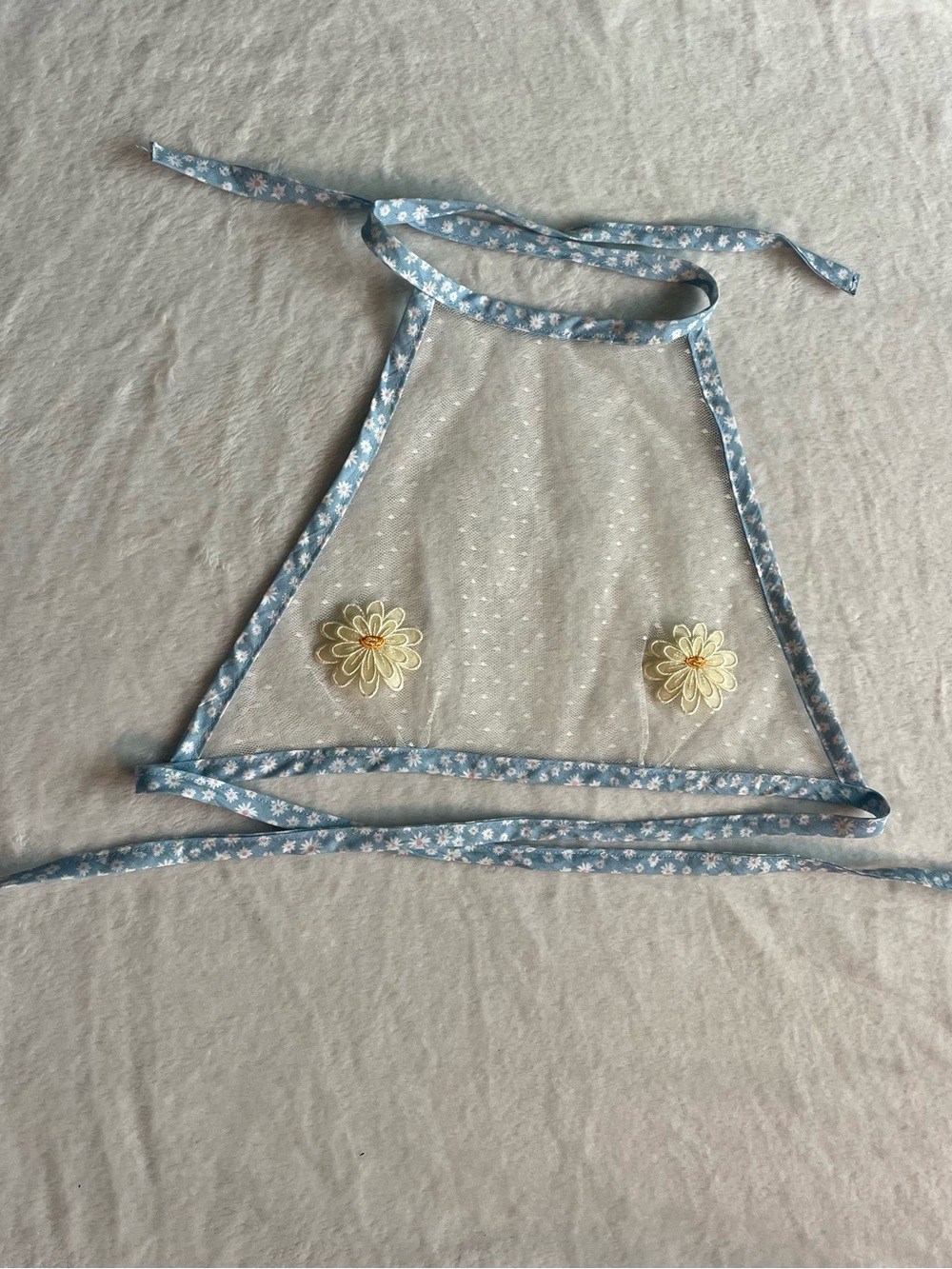 Blue Floral Trim Sheer Halter Crop Top with Daisy Appliqués